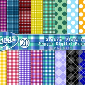 Könnte beinhalten: Ein Set mit 20 digitalen Papieren mit Gingham-, Karomuster- und Argyle-Mustern in verschiedenen Farben. Die Papiere sind 12x12 Zoll groß und haben 300 DPI.