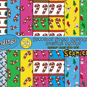 Könnte beinhalten: Ein Set mit 14 digitalen Papieren mit einem Weihnachtsmotiv im Simpsons-Stil. Die Papiere zeigen verschiedene Muster, darunter Zuckerstangen, Weihnachtsbäume, Schneemänner und Lichter. Die Papiere sind 30,5 x 30,5 cm groß und haben eine Auflösung von 300 DPI.