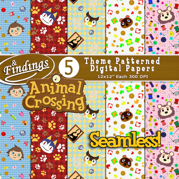 Instant Download Animal Crossing Themed Digital Paper Ready to Print, Sable, Tom Nook, Blathers, Rover, Boy, Seamless,ACPC, ACNL, Printable