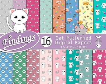 Instant Download Cat Patterned Digital Paper Ready to Print, Blue Pink and Purple paper set with Paws, kitties, fish, Cat Beds, Feather toy
