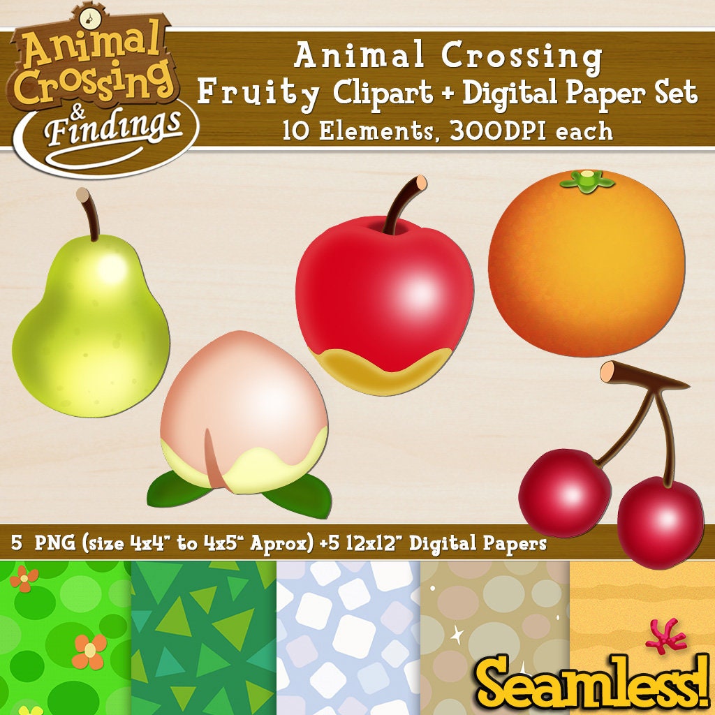 Download Instant Download Animal Crossing Cliptart Fruity Peach Apple Orange Cherry Pear Seamless Digital Papers Png Grass