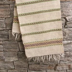 Vintage Scandinavian Folk Hand Woven Wool Table Runner, Swedish Beige Table Runner With Brown And Green Stripes, Ethnic Fringed Table Runner