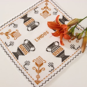 Vintage Swedish Table Mat With Brown Cross Stitch Floral Pattern And Vases Embroideries , Hand Embroidered Doily , Coffee Table Topper
