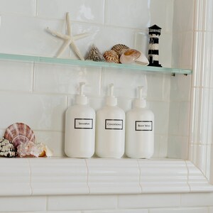 Silkscreened Refillable Shampoo Bottles, Squat White 16 oz Minimalist Pump Bottle Set of Shampoo Conditioner Body Wash Bottles for Shower