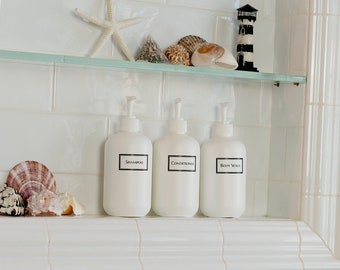 Silkscreened Refillable Shampoo Bottles, Squat White 16 oz Minimalist Pump Bottle Set of Shampoo Conditioner Body Wash Bottles for Shower