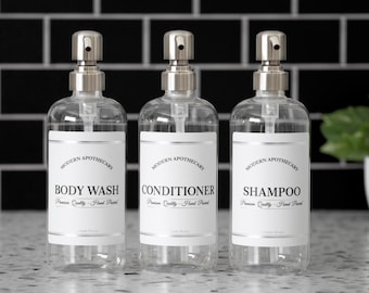 Clear Plastic Shampoo Bottles Set of Soap Dispensers with Waterproof Labels, Pumps | Titles for Home Decor Kitchen, Bathroom, 3-Pack 16 oz