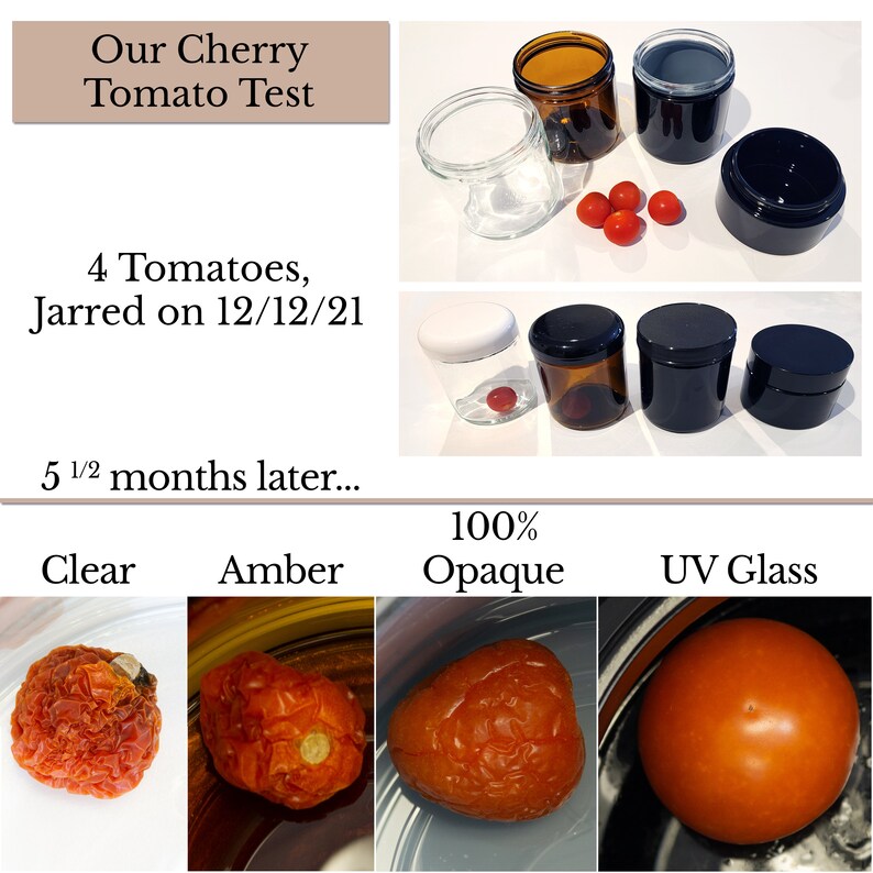 May include: A comparison of cherry tomatoes stored in different types of jars: clear glass, amber glass, opaque glass, and UV glass. The tomatoes were jarred on 12/12/21 and photographed 5 1/2 months later. The tomatoes in the UV glass jar appear to be the most preserved.
