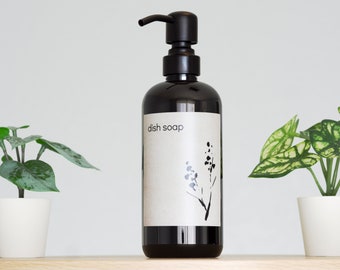 Customized Japandi Black Plastic Soap Dispenser with Waterproof Label | Wabi Sabi Natural Kitchen, Bathroom Pump Bottle | Neutral Design