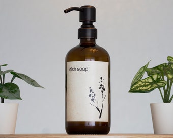 Customized Japandi Amber Glass Soap Dispenser | Wabi Sabi Neutral Kitchen, Bathroom Pump Bottle | Zen Botanical Design Waterproof Label