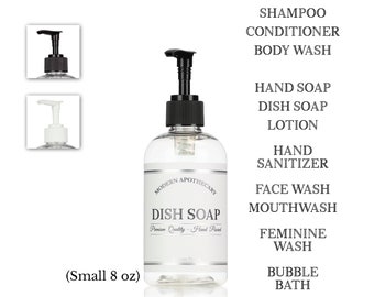Clear PET Plastic Small 8 oz Pump Dispenser Bottle with "Modern Apothecary" Silver/Chrome-Accented Label and Choice of Pump