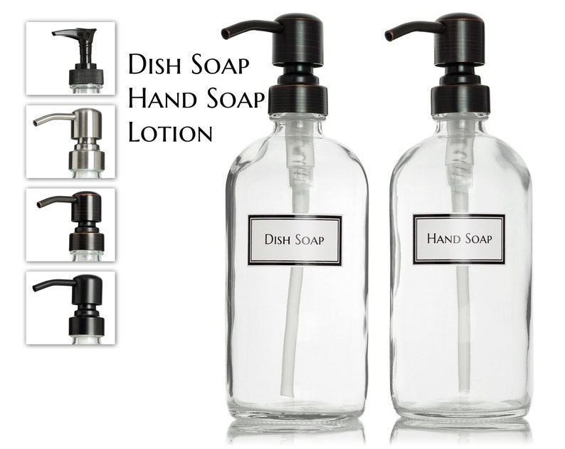 Ceramic Printed Clear Glass Dispenser Set of 2 from Dish Soap/Hand Soap/Lotion with Choice of Pumps 16 oz image 2