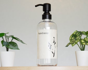 Customized Japandi Clear Plastic Soap Dispenser with Waterproof Label | Wabi Sabi Natural Kitchen, Bathroom Pump Bottle | Neutral Design