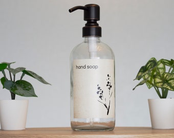 Customized Japandi Clear Glass Soap Dispenser | Wabi Sabi Neutral Kitchen, Bathroom Pump Bottle | Zen Botanical Design Waterproof Label