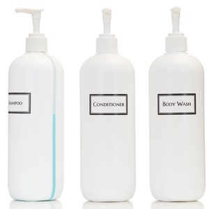 Silkscreened Refillable Shampoo Bottles w/View Stripe, 19 oz Minimalist Pump Bottle Set of Shampoo Conditioner Body Wash Bottles for Shower