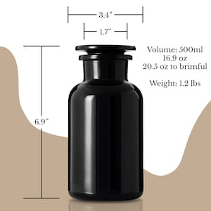 May include: A black glass bottle with a black lid and a capacity of 500ml (16.9 oz) or 20.5 oz to brimful. The bottle is 6.9 inches tall and 3.4 inches wide. It weighs 1.2 lbs.