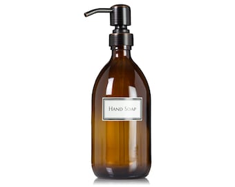 Ceramic Printed Amber Apothecary Glass Dispenser(Singles) Liquid Dish Soap OR Hand Soap with Choice of Pump 16 oz