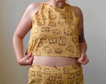 Handmade and illustrated fabric tank and shorts set- BOOBIES
