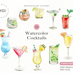 Akvarell klassiska cocktails drink Clipart i png-filer digital nedladdning för sommarprojekt, scrapbookalbum och planeringsklistermärken