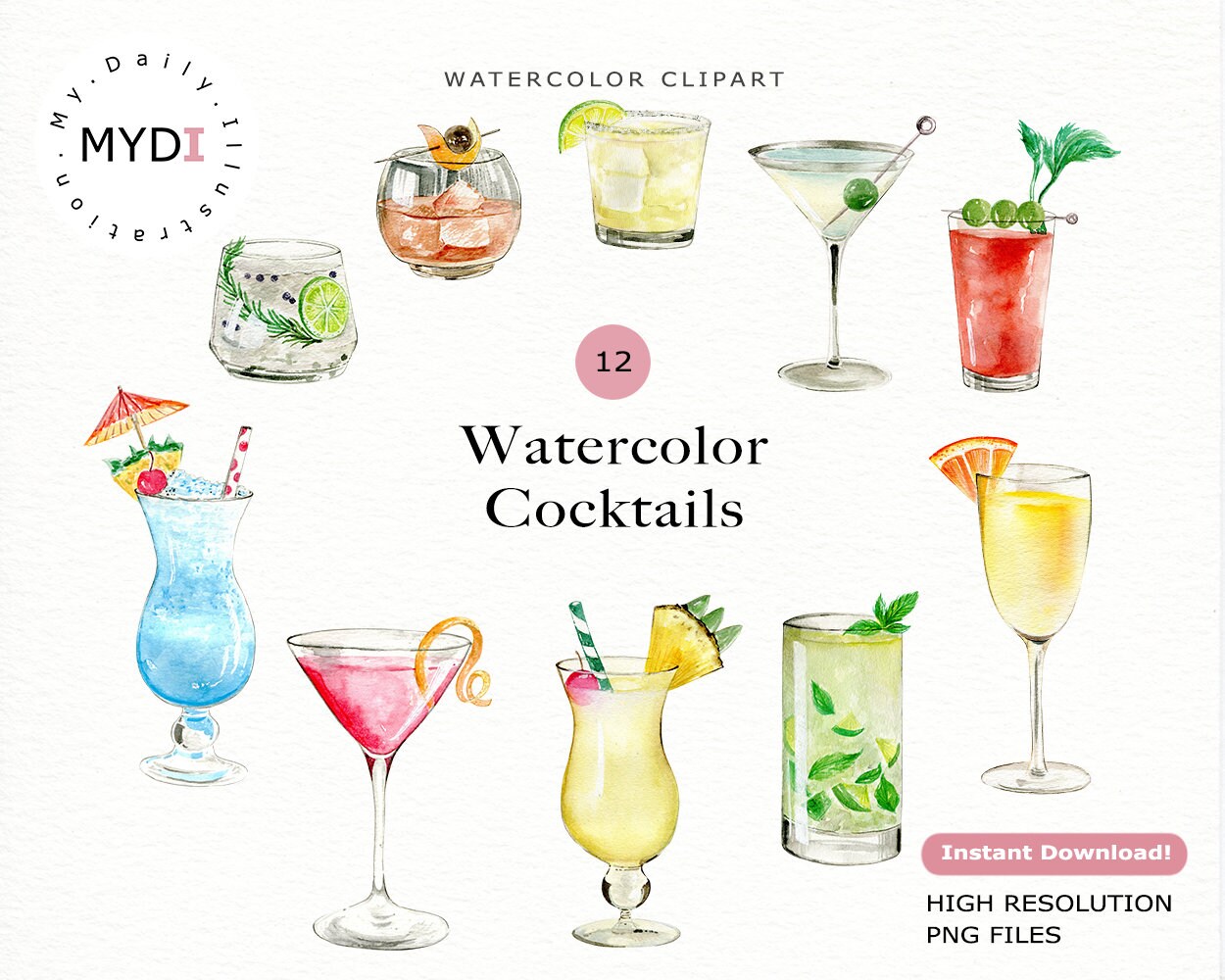 Aquarell Cocktail Drink clip art Set for this summer holiday project, goodn...