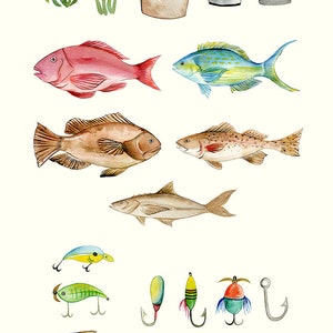 May include: Watercolour illustration featuring fishing-related items. Includes a tackle box, fishing rods, fish, a boat, and other accessories. The text "FISHING TIME!" is displayed above the elements. 40 Elements.