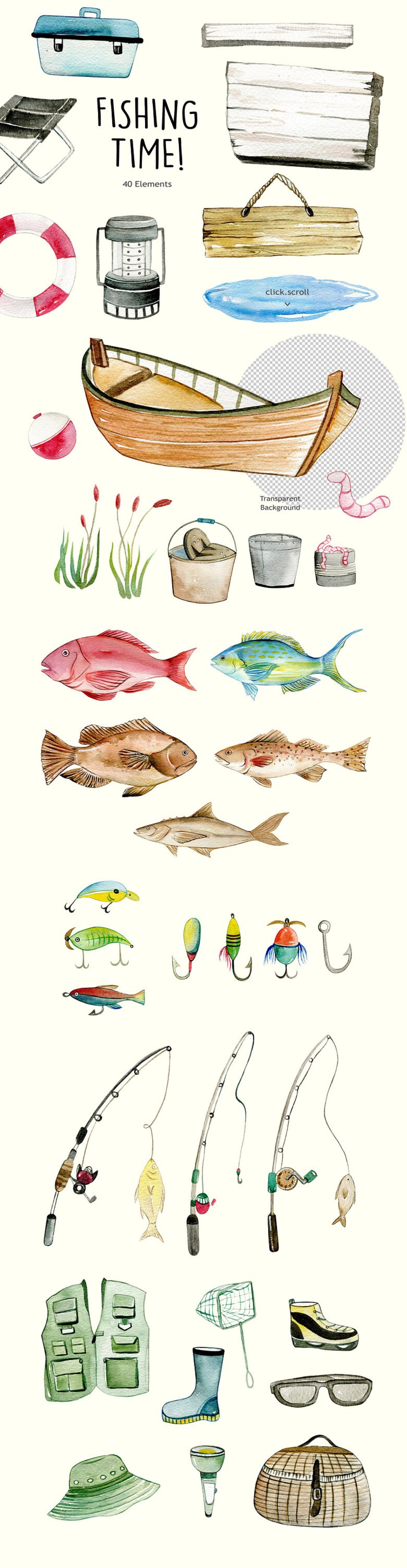May include: Watercolour illustration featuring fishing-related items. Includes a tackle box, fishing rods, fish, a boat, and other accessories. The text "FISHING TIME!" is displayed above the elements. 40 Elements.