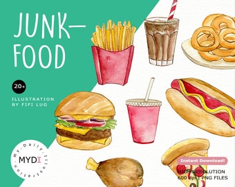 Set di clipart acquerello Junkfood in PNG incluso hamburger, patatine fritte, pizza, coca cola, hotdog per album di album, adesivi di pianificazione e altro ancora