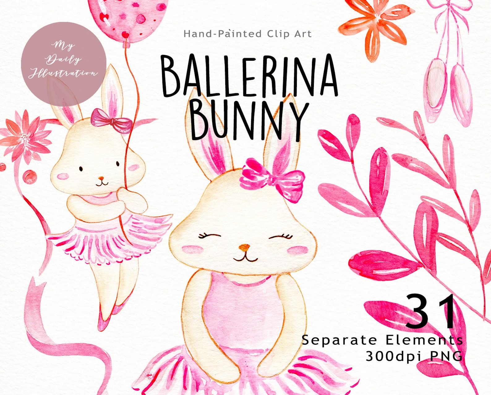 watercolor ballerina bunny for pink ballet dance themed project,