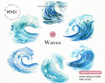 Watercolor ocean waves clipart set for summer project, beach invitation and nautical themed party, scrapbook album and more
