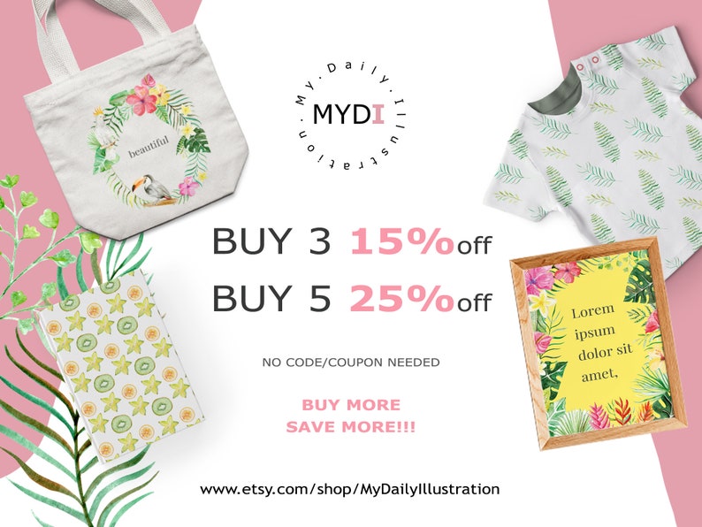K&ouml;nnte beinhalten: Eine Auswahl an Produkten mit tropischen Blumendesigns. Enth&auml;lt eine Tragetasche, ein Baby-Shirt, ein Notizbuch und gerahmte Kunst. Die Tragetasche hat das Wort "beautiful" und eine Vogelillustration. Die gerahmte Kunst hat den Text "Lorem ipsum dolor sit amet."