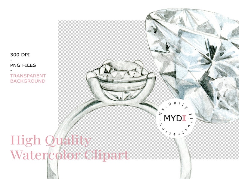 Diamond Ring Clipart in Png for Watercolor Wedding, Engagement Ring ...