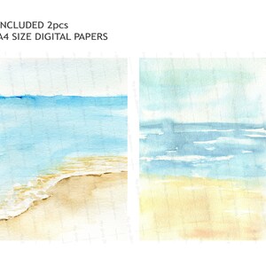 K&ouml;nnte beinhalten: Zwei digitale A4-Papiere mit Aquarell-Strandszenen. Das Kunstwerk zeigt einen hellblauen Ozean, der auf einen sandigen Strand trifft, mit sanften Wellen und einem hellblauen Himmel. Der Text "INCLUDED 2pcs A4 SIZE DIGITAL PAPERS" ist sichtbar.