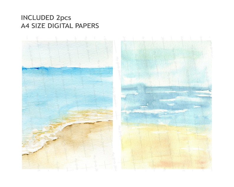 K&ouml;nnte beinhalten: Zwei digitale A4-Papiere mit Aquarell-Strandszenen. Das Kunstwerk zeigt einen hellblauen Ozean, der auf einen sandigen Strand trifft, mit sanften Wellen und einem hellblauen Himmel. Der Text "INCLUDED 2pcs A4 SIZE DIGITAL PAPERS" ist sichtbar.
