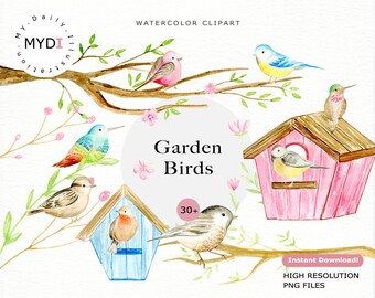 Watercolor Garden Birds Clipart Set for Spring craft project, scrapbook, cards, sticker, invitation, planner, and more