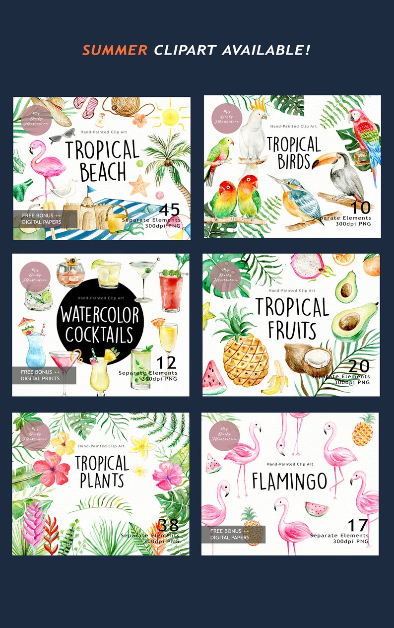 K&ouml;nnte beinhalten: Eine Sammlung von Aquarell-Cliparts mit tropischen Themen. Die Designs umfassen tropische Str&auml;nde, V&ouml;gel, Cocktails, Fr&uuml;chte, Pflanzen und Flamingos. Jedes Set enth&auml;lt mehrere separate Elemente, ideal f&uuml;r digitale Projekte.
