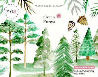 Watercolor forest tree clip art in png files digital download for scrapbook album and planner stickers
