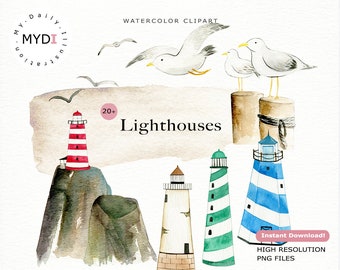 Watercolor lighthouse and seagulls clipart set for nautical party, beach invitation, summer scrapbook album and more