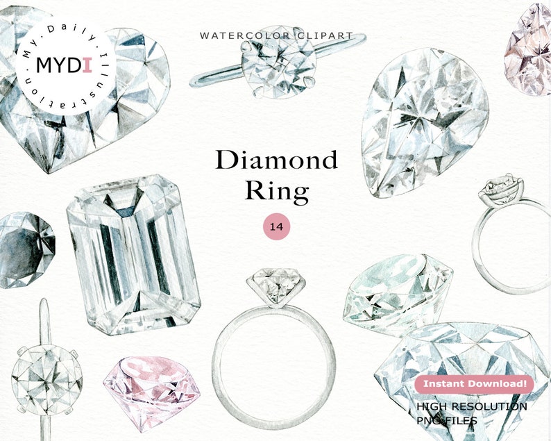 Diamond Ring Clipart in Png for Watercolor Wedding, Engagement Ring ...