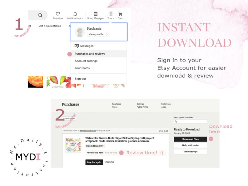 May include: Screenshot of an Etsy account showing the download process for a digital product. The image includes the text "INSTANT DOWNLOAD" and instructions for downloading files after purchase. The product is a watercolor garden birds clipart set.