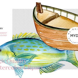 May include: A watercolour illustration featuring a blue and yellow fish and a brown boat. The fish has detailed scales and yellow fins. The boat is wooden and simply designed. The image includes the text "High Quality Watercolor Clipart".
