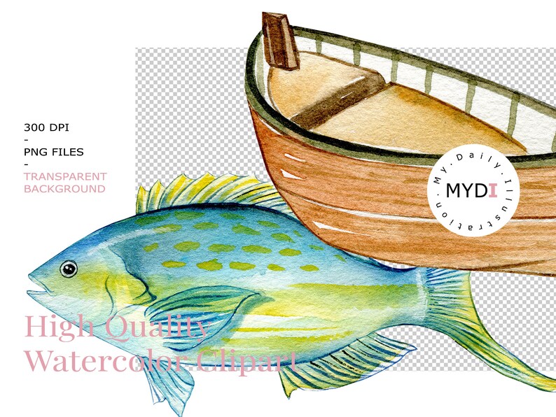 May include: A watercolour illustration featuring a blue and yellow fish and a brown boat. The fish has detailed scales and yellow fins. The boat is wooden and simply designed. The image includes the text "High Quality Watercolor Clipart".