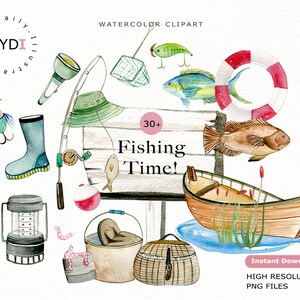Aquarell Angeln Clipart in png inklusive Fisch Clipart, Angeln, Fischhaken, Angeln Clip Art für Planner Stickers, Scrapbook Album -