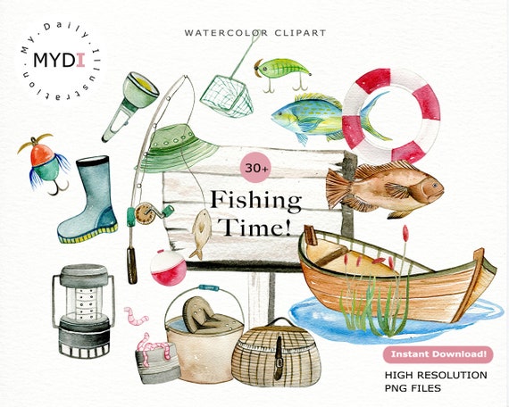 Watercolor fishing clipart in png included fish clipart, fishing pole, fish hooks, fishing clip art for planner stickers, scrapbook album -