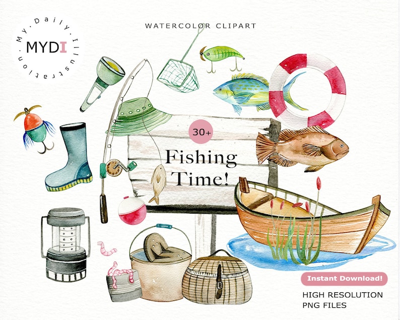 May include: A watercolour illustration of fishing-related items. The image includes a fishing rod, fish, boat, life preserver, and fishing lures. The sign reads "Fishing Time!" in black text. The artwork is in shades of blue, green, brown, and red.