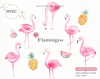 Watercolor flamingo clipart set for summer beach themed project, scrapbook, cards, sticker, planner and more