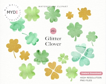 Watercolor four leaf clover clipart set for St.Patrick's Day in png files digital download for scrapbook album
