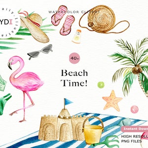 K&ouml;nnte beinhalten: Aquarell-Illustration mit Strandmotiven. Enth&auml;lt einen rosa Flamingo, eine Sandburg, eine Strandtasche, Sonnenbrillen, einen Strohhut und eine Palme. Der Text "Beach Time!" ist in der Mitte des Bildes zu sehen.
