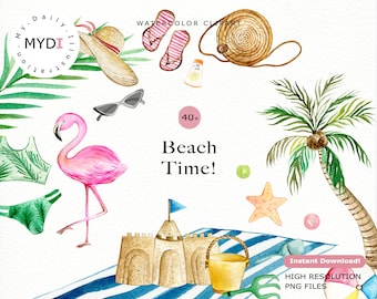 Watercolor Tropical Beach Clipart Set for Summer Holiday with Flamingo and many high quality PNG Files