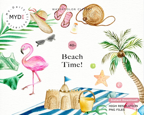 Watercolor Tropical Beach Clipart Set for Summer Holiday with Flamingo and many high quality PNG Files