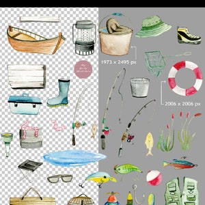 May include: A collection of watercolour illustrations depicting fishing equipment. The image includes a boat, a lantern, a bucket, fishing rods, lures, a lifebuoy, and a tackle box. The text at the top reads "TRANSPARENCY & SIZE CHART".
