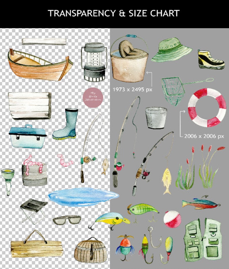 May include: A collection of watercolour illustrations depicting fishing equipment. The image includes a boat, a lantern, a bucket, fishing rods, lures, a lifebuoy, and a tackle box. The text at the top reads "TRANSPARENCY & SIZE CHART".
